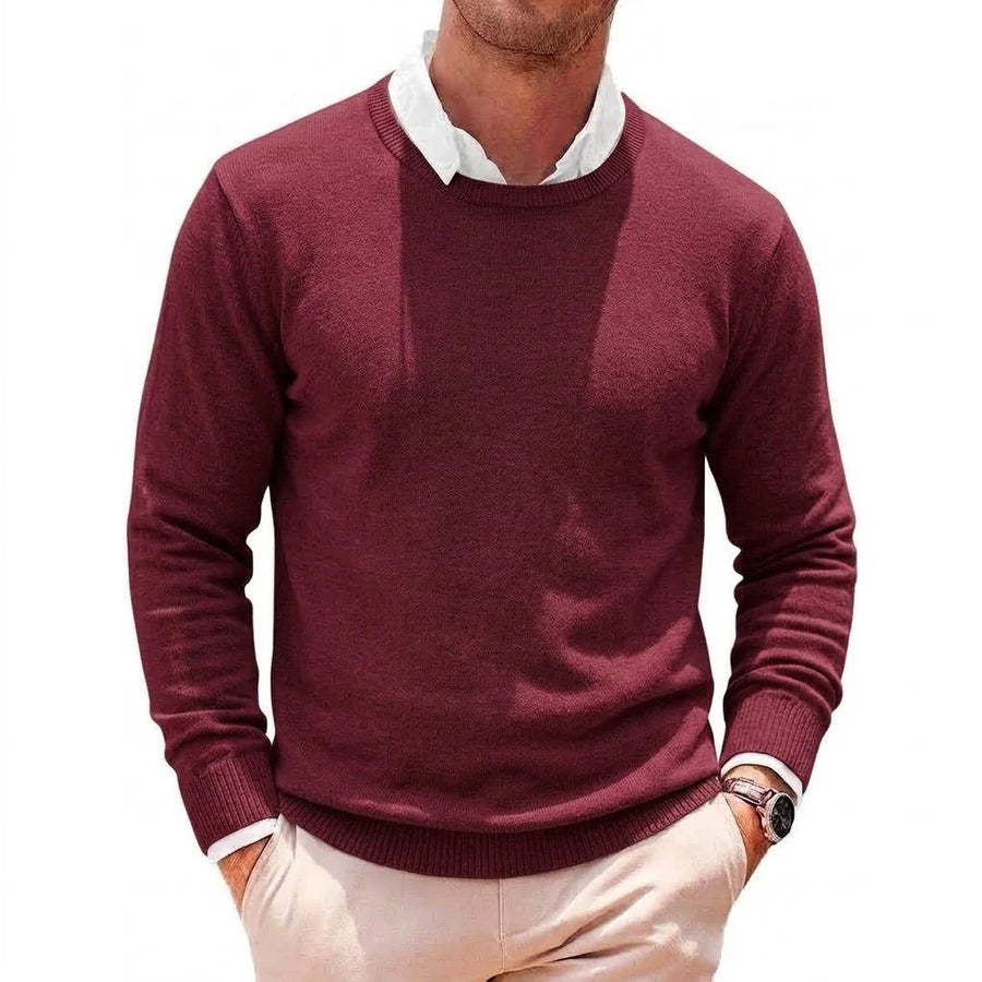 Maglione da uomo a collo rotondo a tinta unita, a maniche lunghe e con bordi a coste