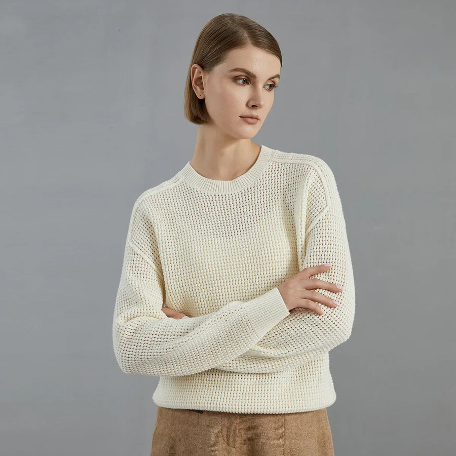 Jersey de punto gofrado de cuello redondo para mujer
