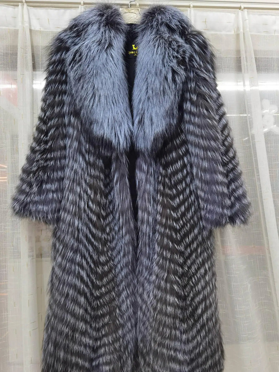 Manteau long pour femme en fausse fourrure à motif chevrons et col large