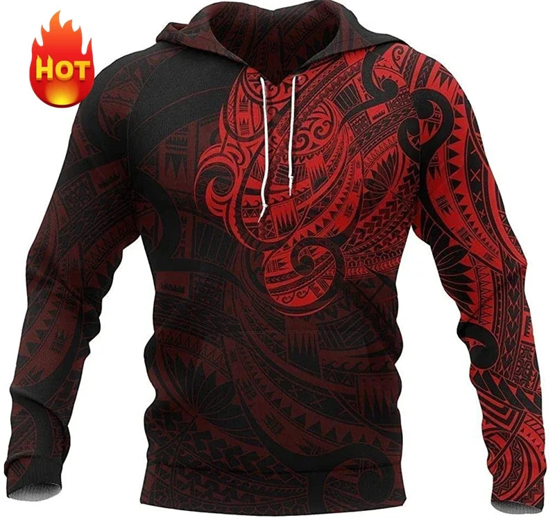 Printed tribal hoodie with sea turtle or manta ray motif, relaxed fit