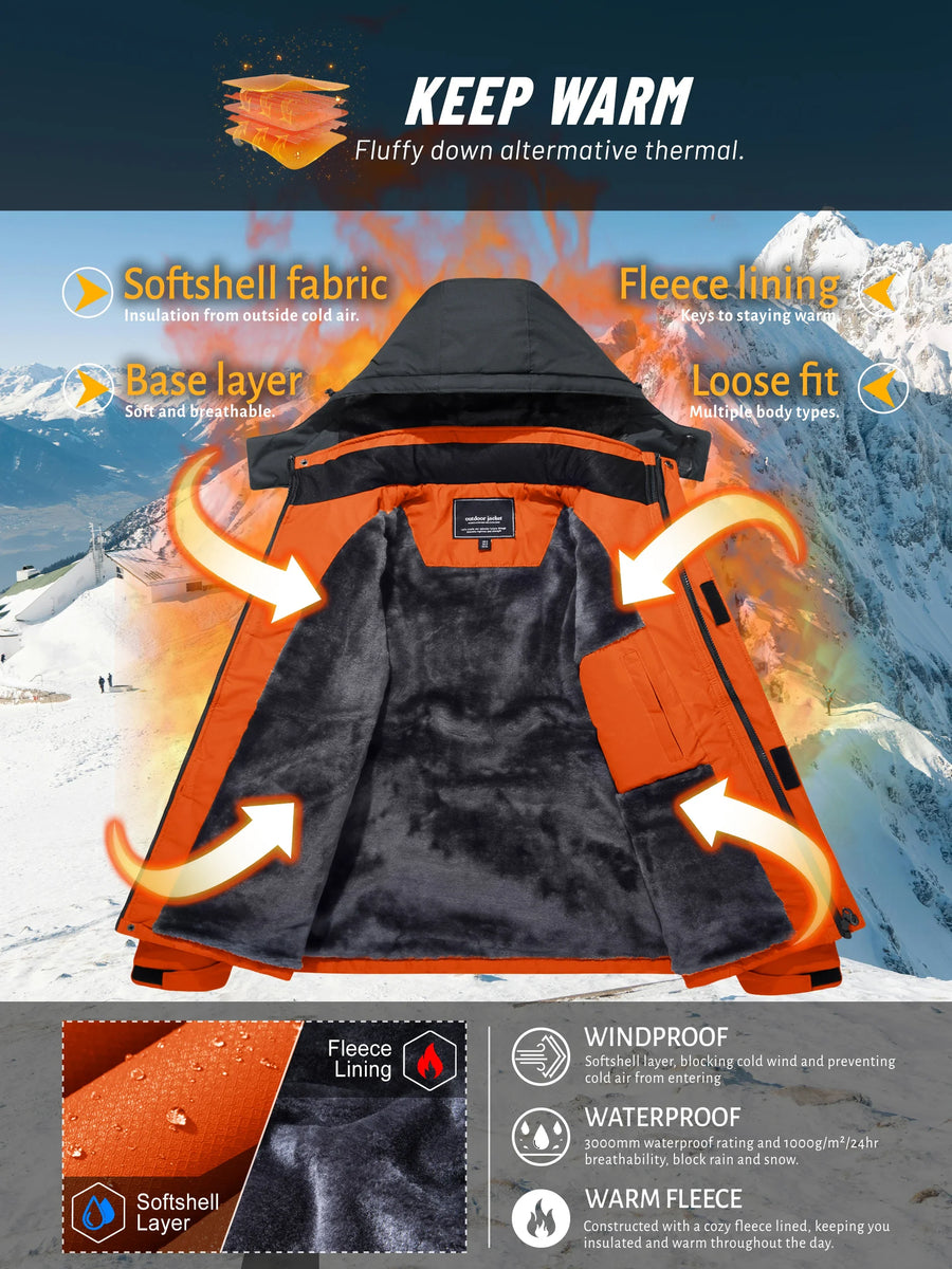 Veste de Ski Homme Imperméable Coupe-Vent avec Capuche Amovible
