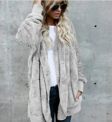 Gilet long femme doux à capuche uni avec poches