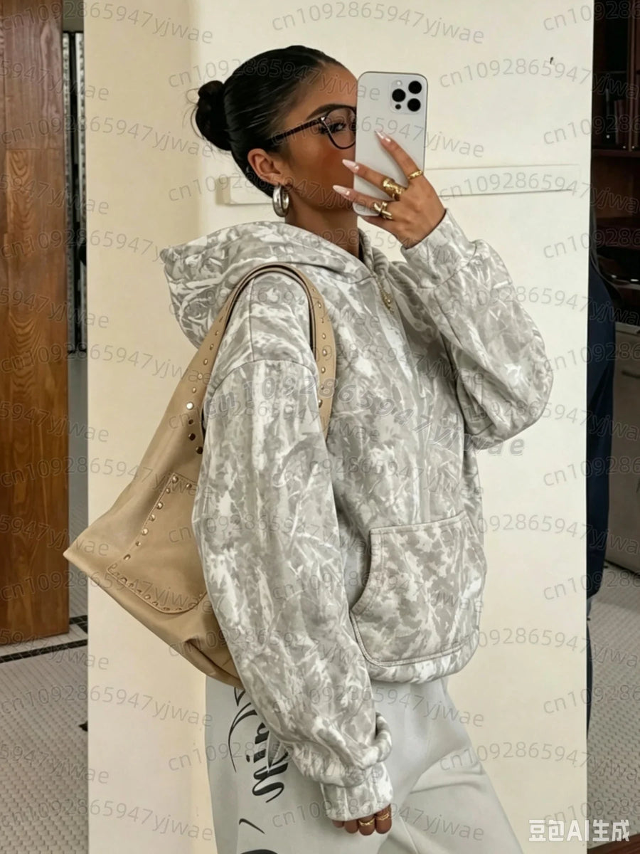Sweat à Capuche Femme Camouflage Kaki Poche Kangourou