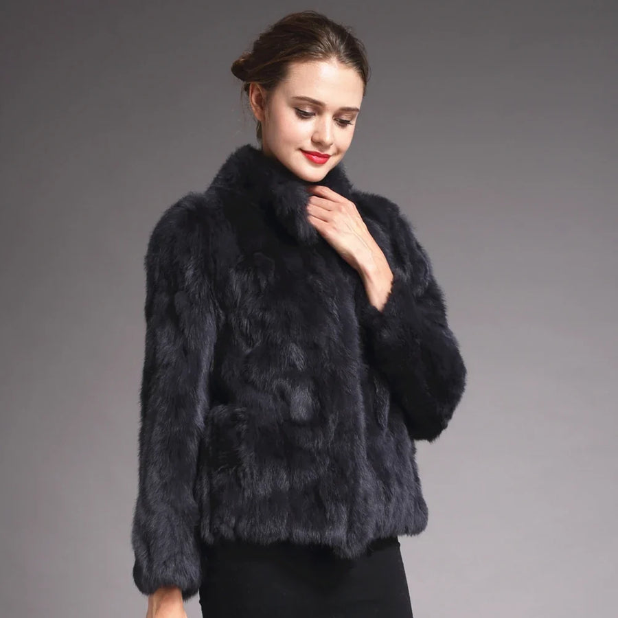 Veste courte femme en fourrure synthétique élégante, col montant, manches longues