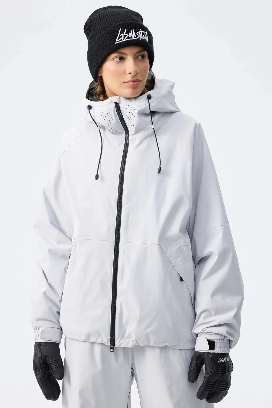 Veste de ski rose pâle imperméable à capuche réglable pour femme