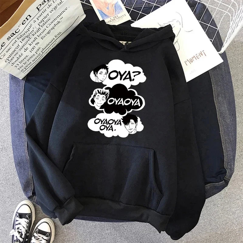 Unisex hettegenser med Haikyuu-grafikktrykk, avslappet stil