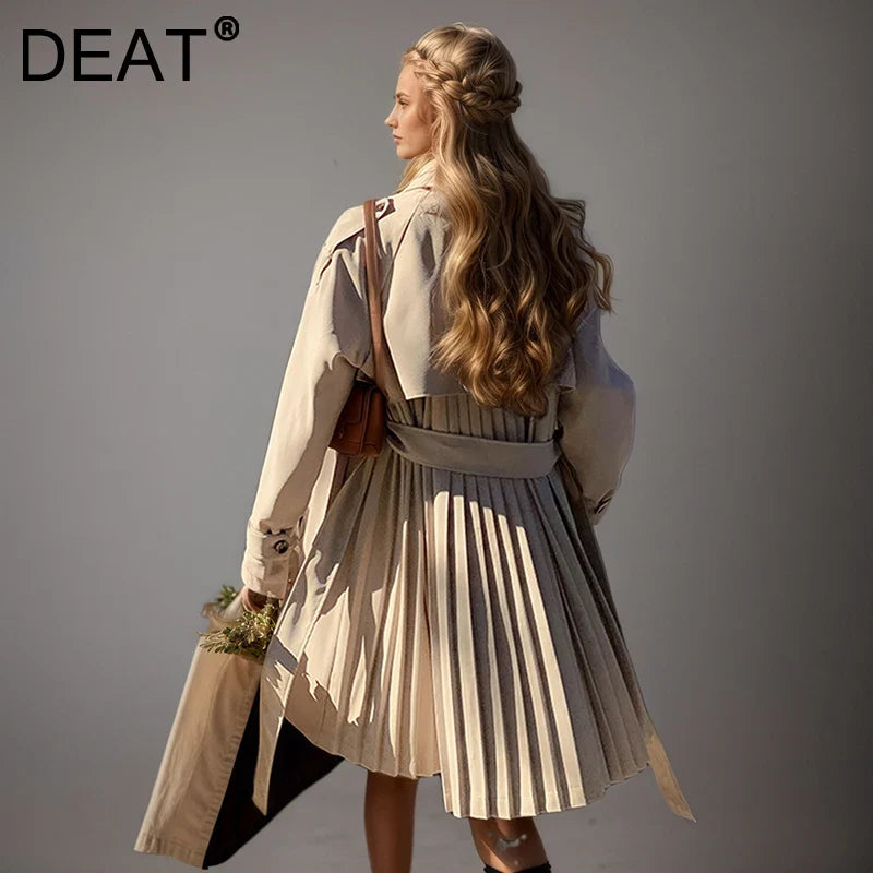 Chic Beige Pleated Women's Trench Coat with Belt