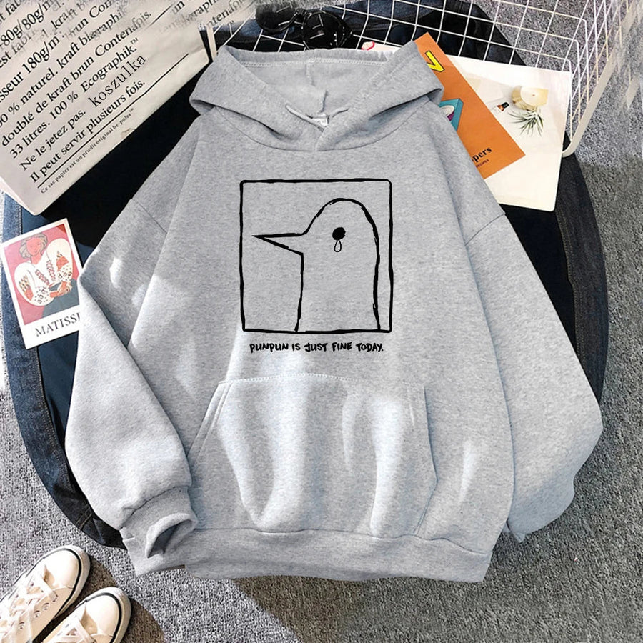 Oversize-Kapuzenpullover in Beige mit Motiv des traurigen Vogels „Punpun“