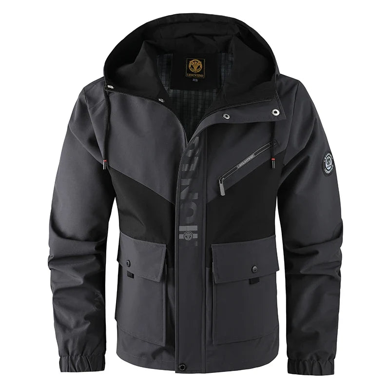 Veste à capuche pour homme, couleur contrastée, poches multiples