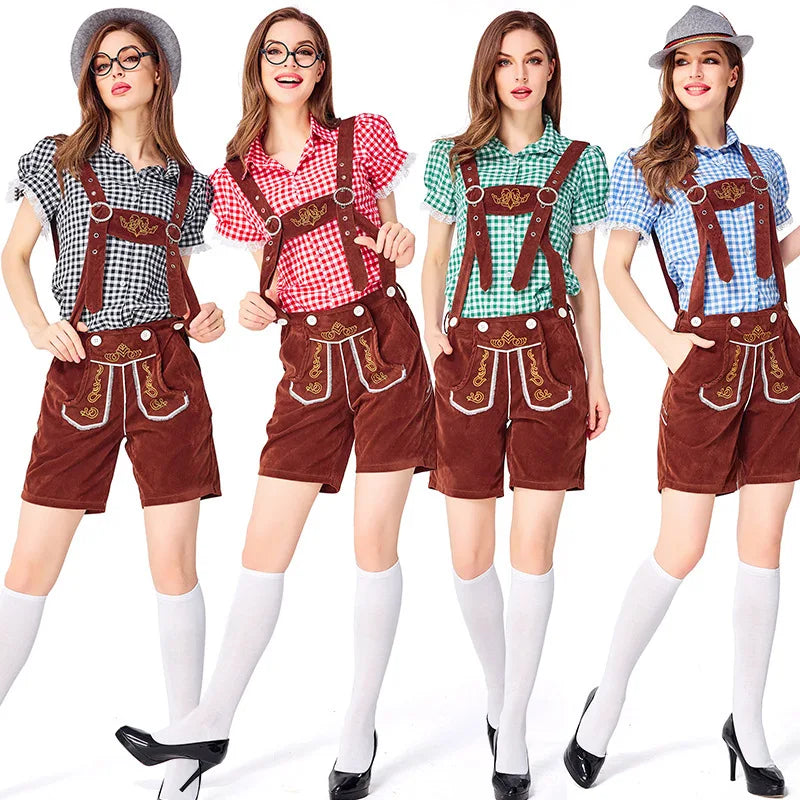 Damen-Lederhosen-Set mit Karomuster, Hemd und Träger-Shorts im bayerischen Stil