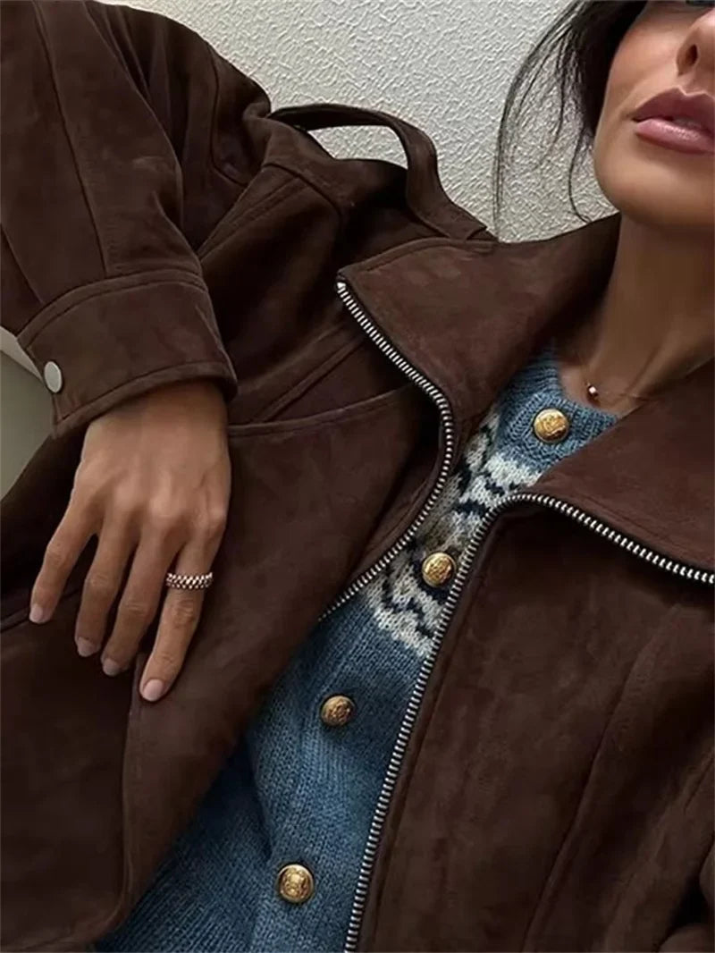 Women's oversized aviator jacket in dark brown with asymmetrical closure