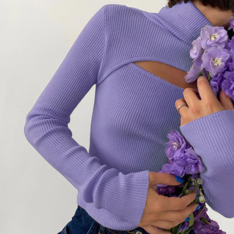 Top acanalado de cuello alto para mujer, con abertura en el busto y mangas largas
