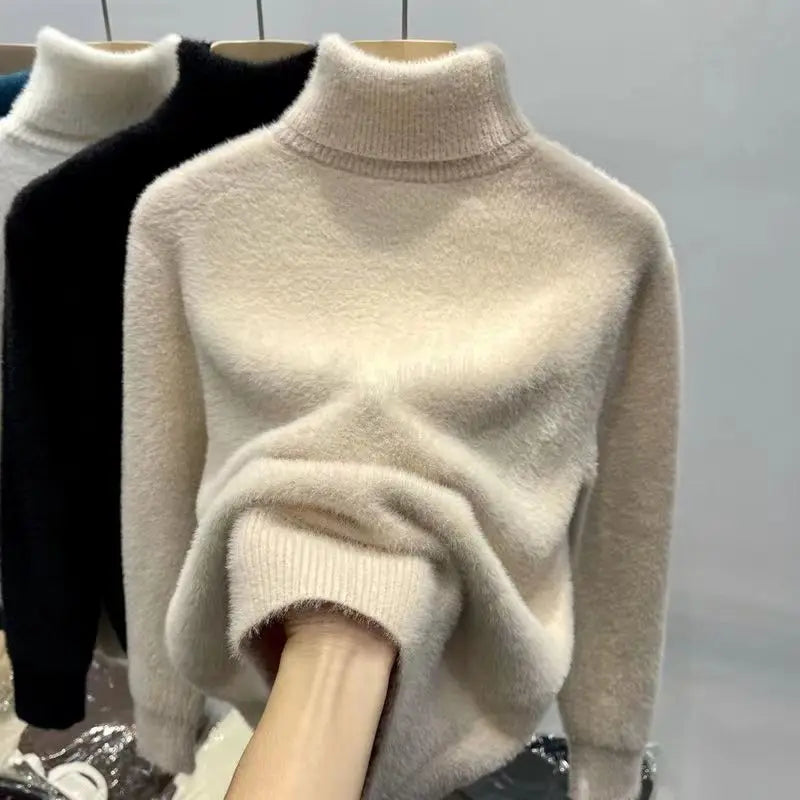 Pull col roulé doux et chaud en tissu effet peluche pour femme
