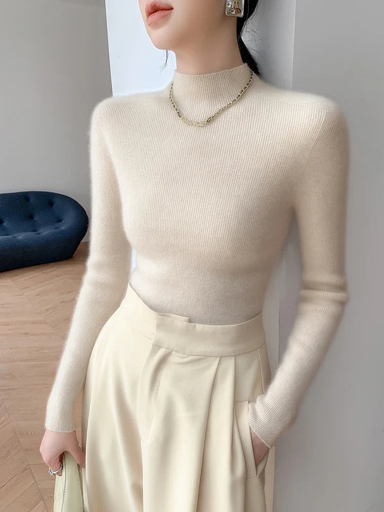Pull col montant côtelé doux à manches longues pour femme