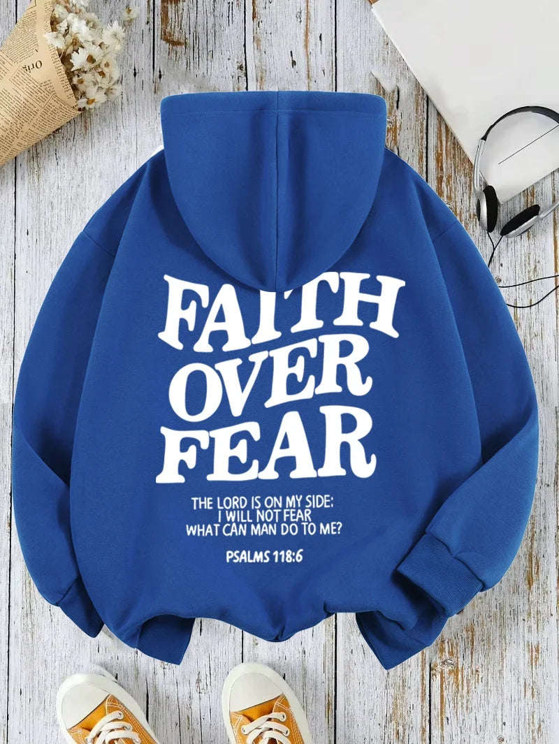 Felpa con cappuccio unisex a tinta unita con stampa "Faith Over Fear"