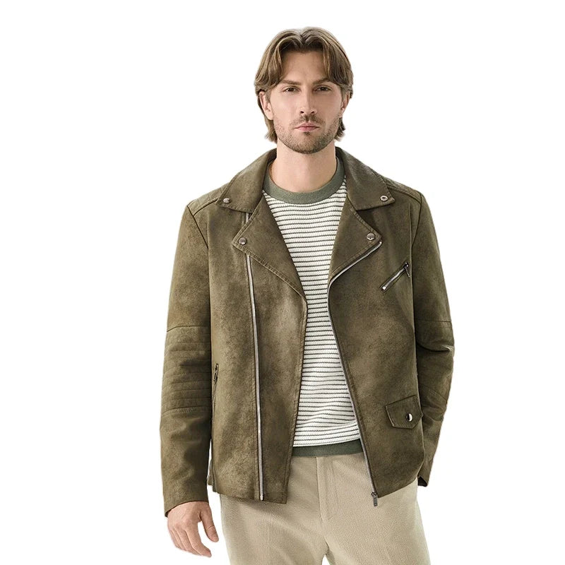 Herren-Motorradjacke mit asymmetrischem Schnitt und Reverskragen, verwaschenes Braun