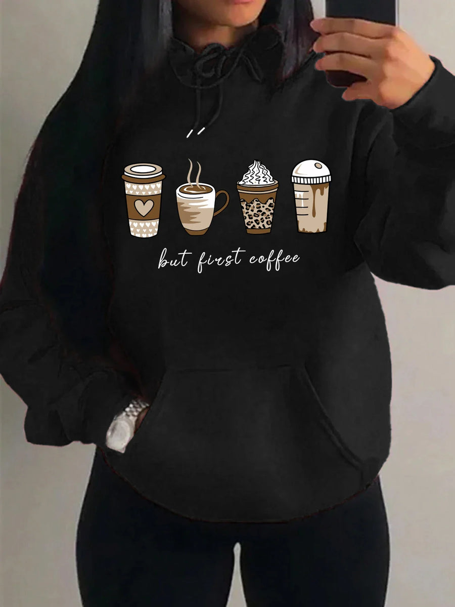 Hættetrøje til kvinder med kaffekopmotiv og teksten "But First Coffee"