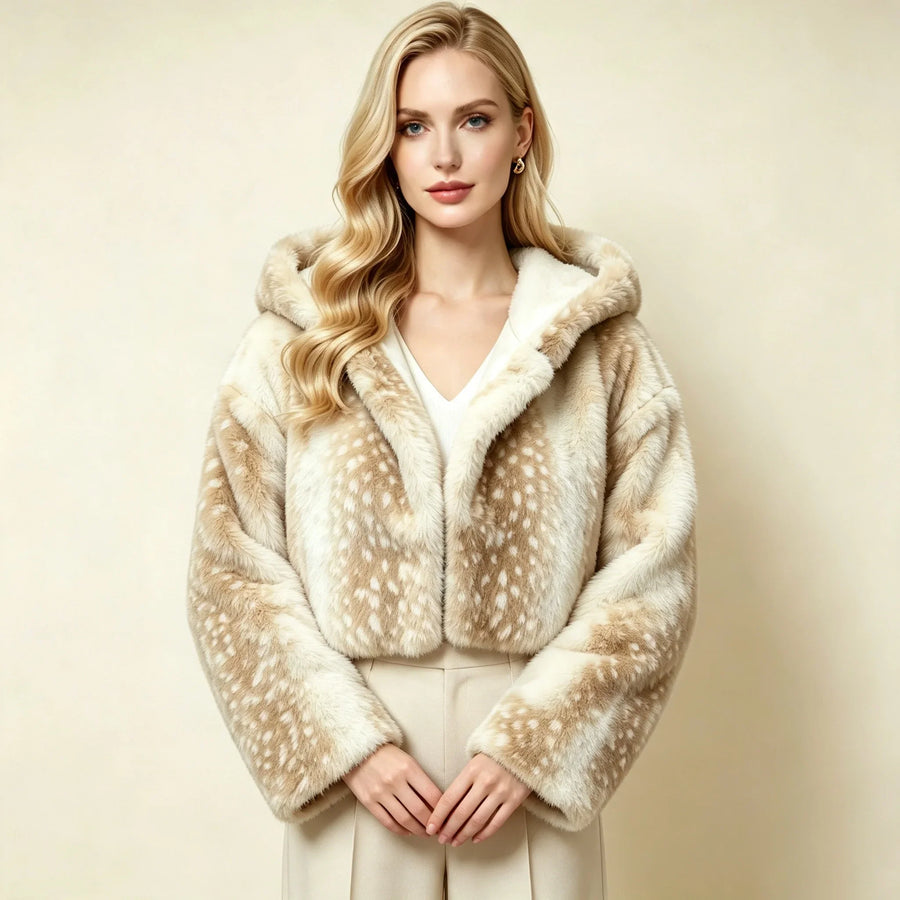 Kort damjacka med huva i mjukt material med beige mockaimitationstryck