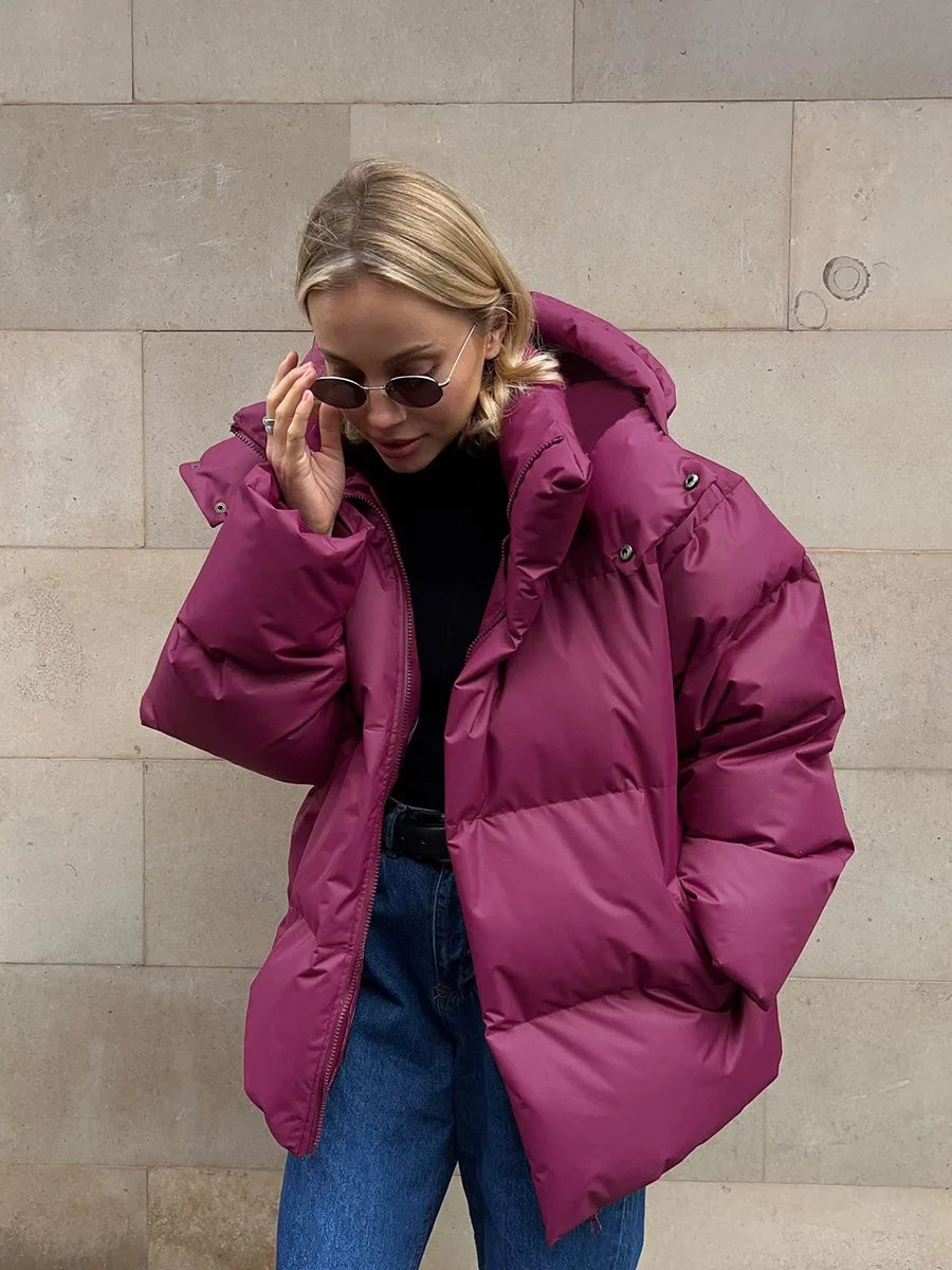 Kurze gesteppte Damen-Daunenjacke mit Kapuze, einfarbig