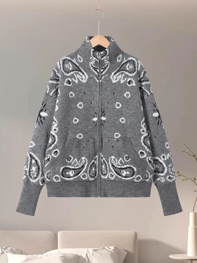 Women's Bandana-Print Zip-Up Jacket with a Stand Collar