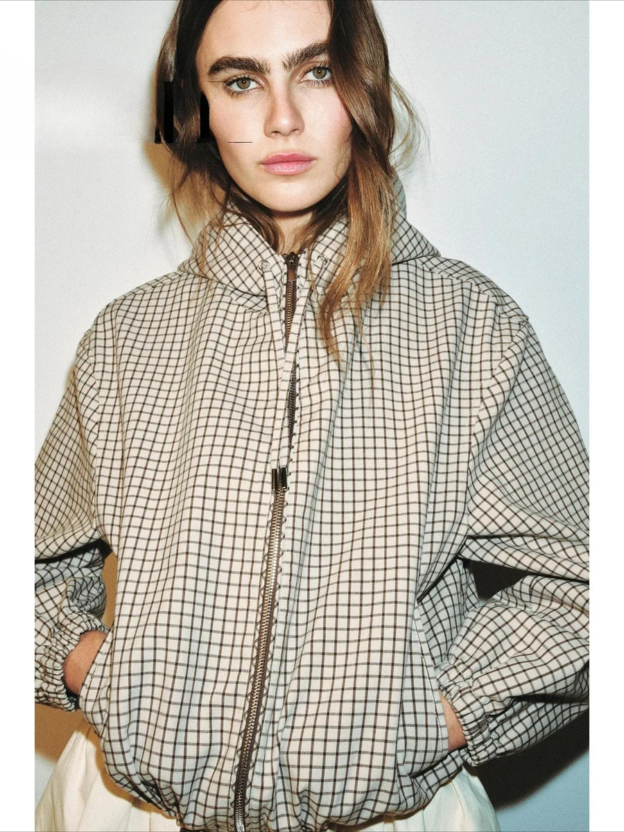 Veste légère à carreaux beige avec capuche et cordon de serrage femme