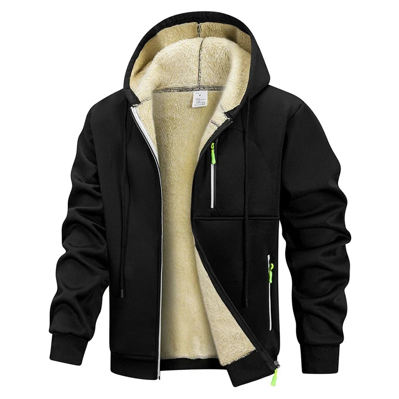 Men's thick, warm black fleece-lined zip-up hoodie