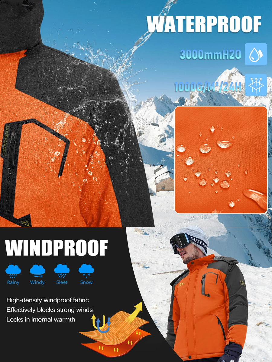 Veste de Ski Homme Imperméable Coupe-Vent avec Capuche Amovible