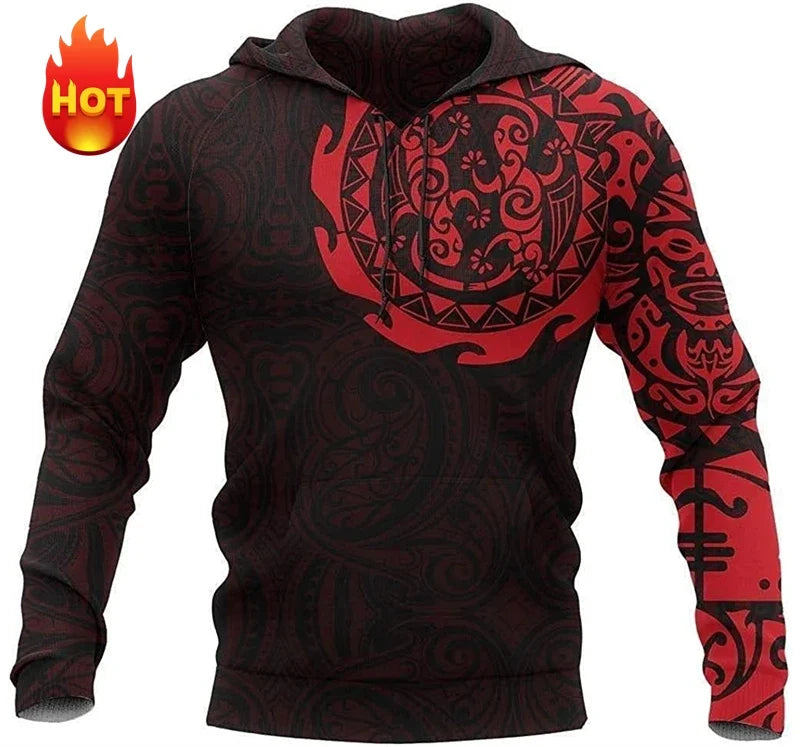 Printed tribal hoodie with sea turtle or manta ray motif, relaxed fit