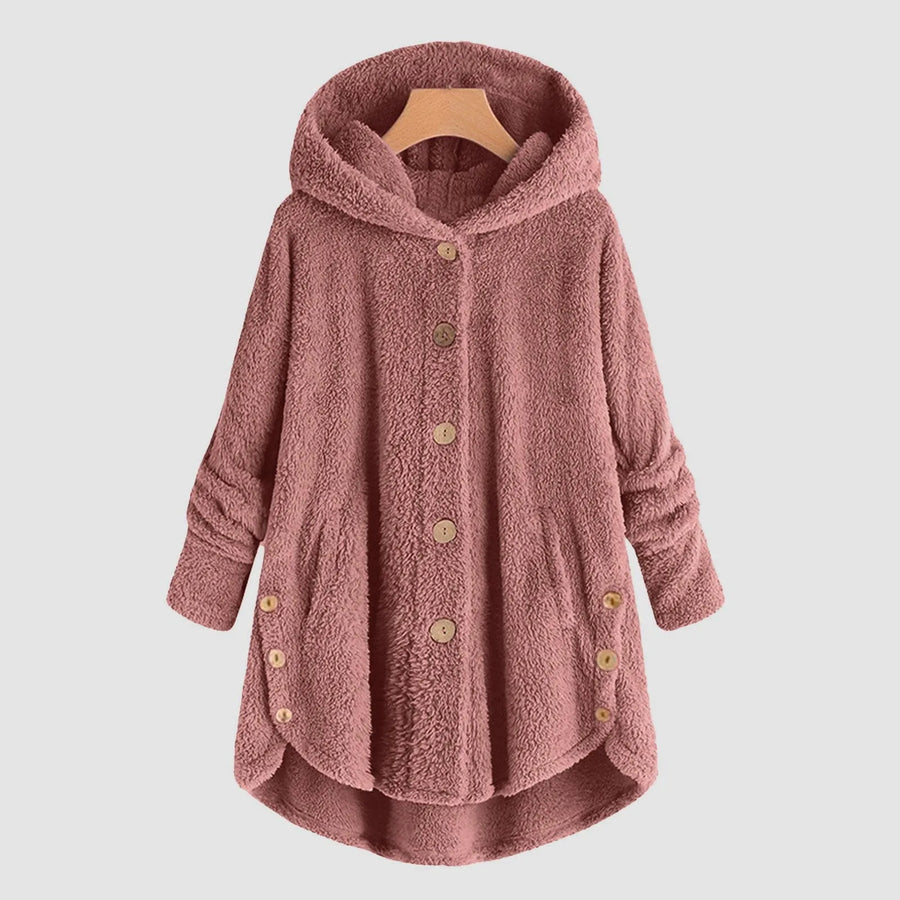 Manteau à Capuche Doux Femme, Boutons et Ourlet Asymétrique, Plusieurs Couleurs