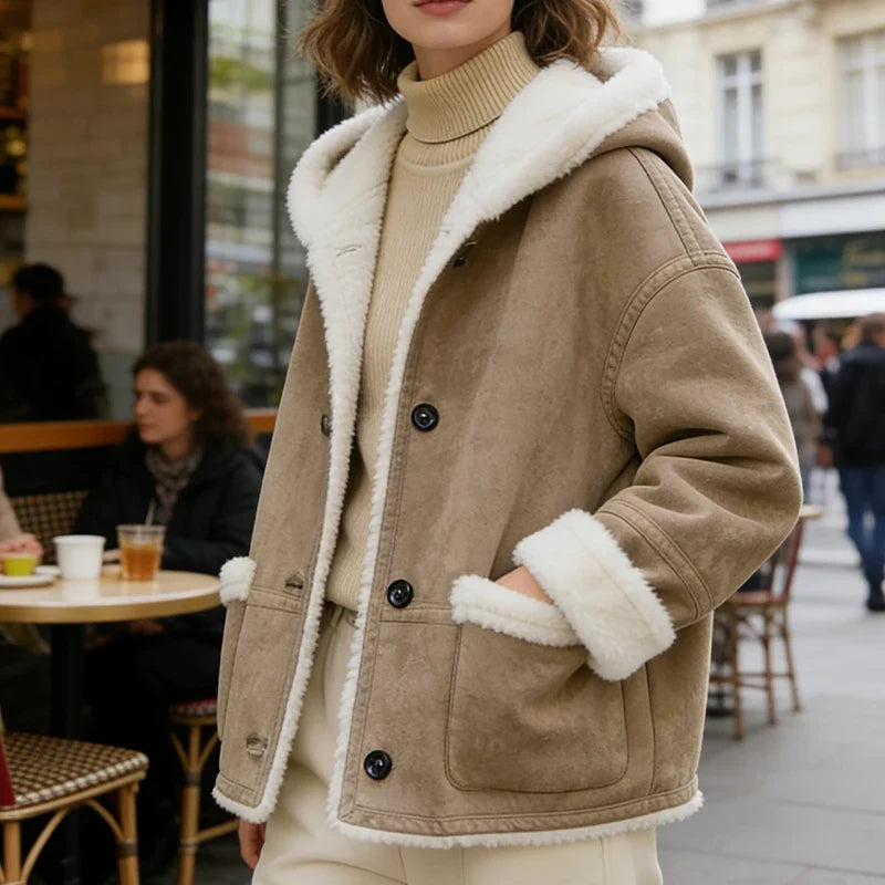 Veste à capuche beige doublée imitation fourrure femme, coupe décontractée