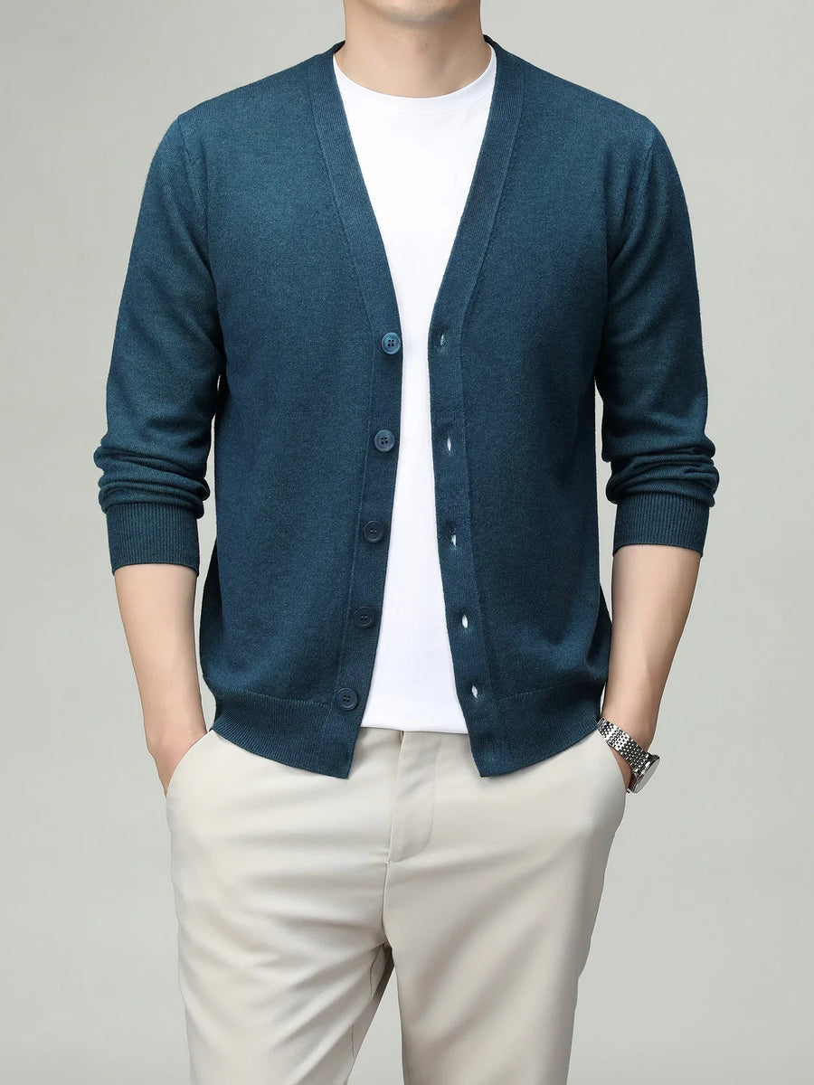 Chaleco cardigan ligero de color liso para hombre con cuello de pico, botones y mangas largas