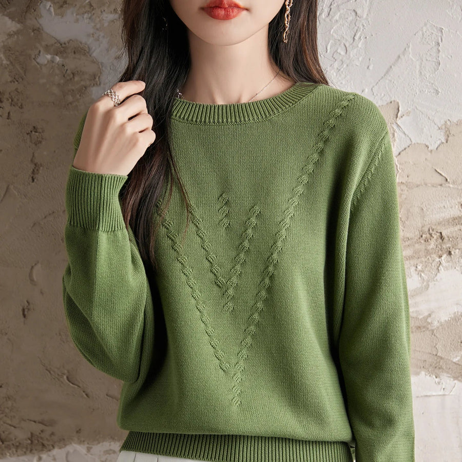 Pull femme en maille légère à col rond et motif en V texturé, manches longues