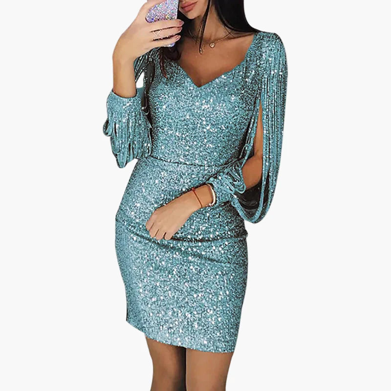 Elegant palietteret aftenkjole til kvinder med slidser i ærmerne, glamourøst look til ceremonier og fester