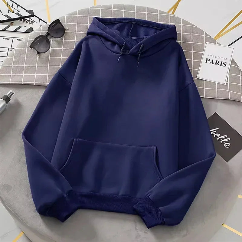 Solid-Color Hoodie with Kangaroo Pocket and Drawstring