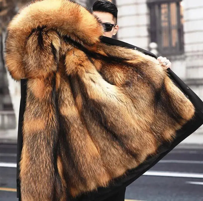 Parka nero da uomo con fodera spessa in finta pelliccia e cappuccio con bordo in pelliccia