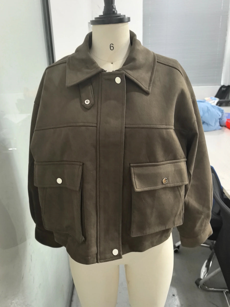 Blouson Bomber Femme Courte Effet Daim Kaki avec Fermeture Éclair et Poches