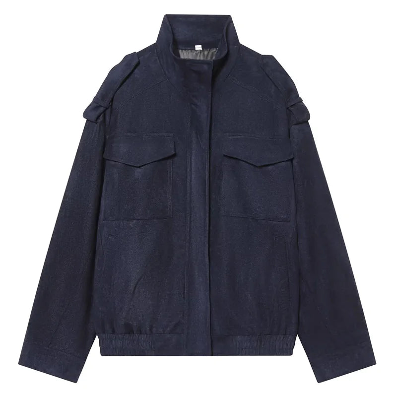Blouson aviateur femme col montant suédine à poches Dark Blue, Kaki, Gris