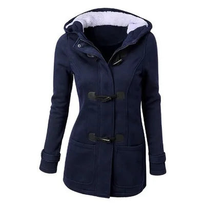 Duffle coat da donna nero con cappuccio foderato in pelliccia e alamari