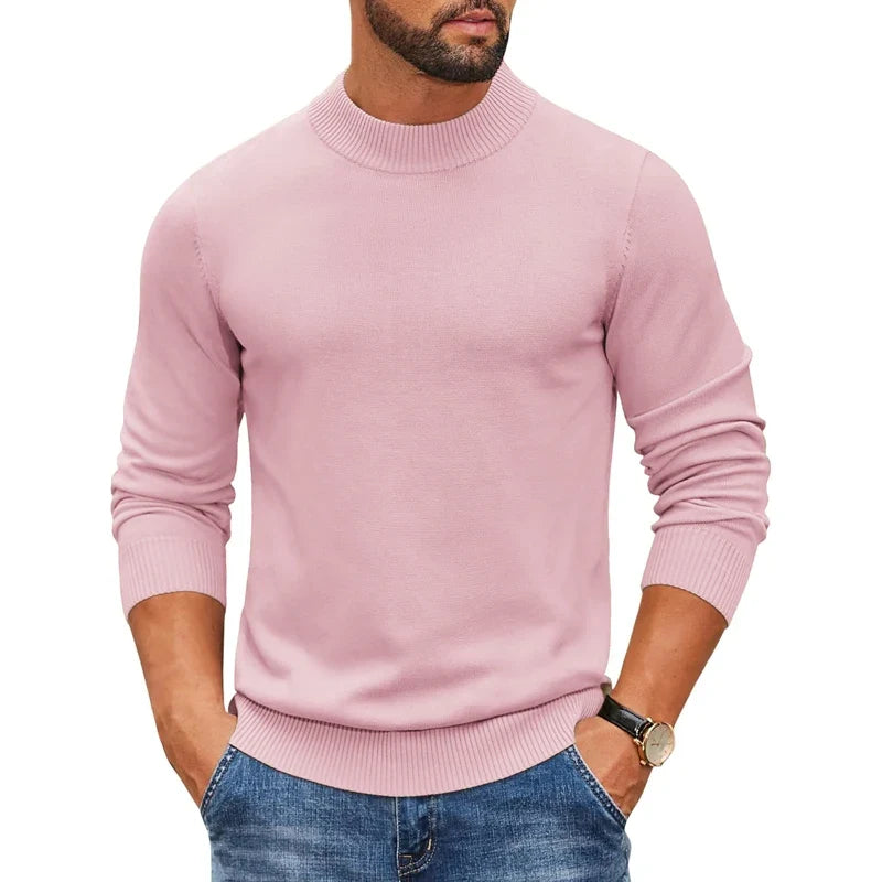 Jersey de punto para hombre con cuello alto acanalado y manga larga, color liso