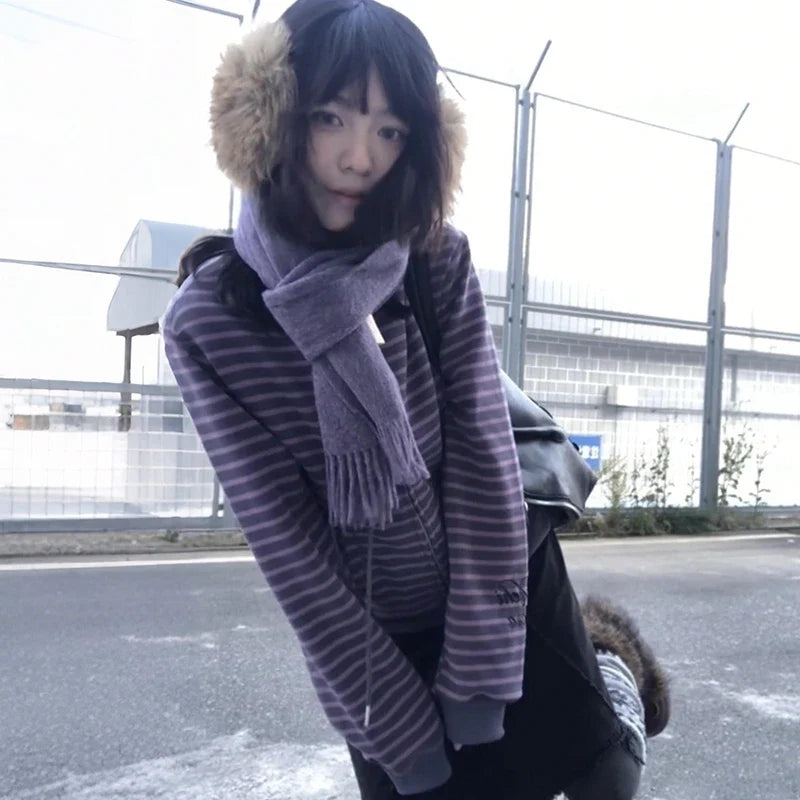 Women's Casual Purple and Charcoal Striped Zip-Up Hoodie