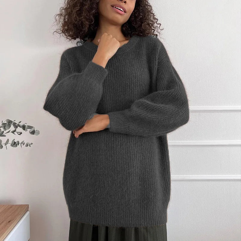 Jersey holgado de punto de canalé para mujer, con cuello redondo y mangas largas