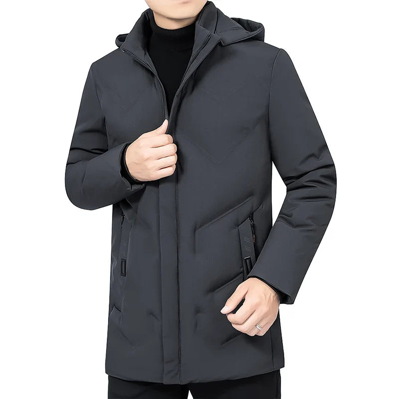 Cappotto lungo da uomo con cappuccio e chiusura a cerniera, nero