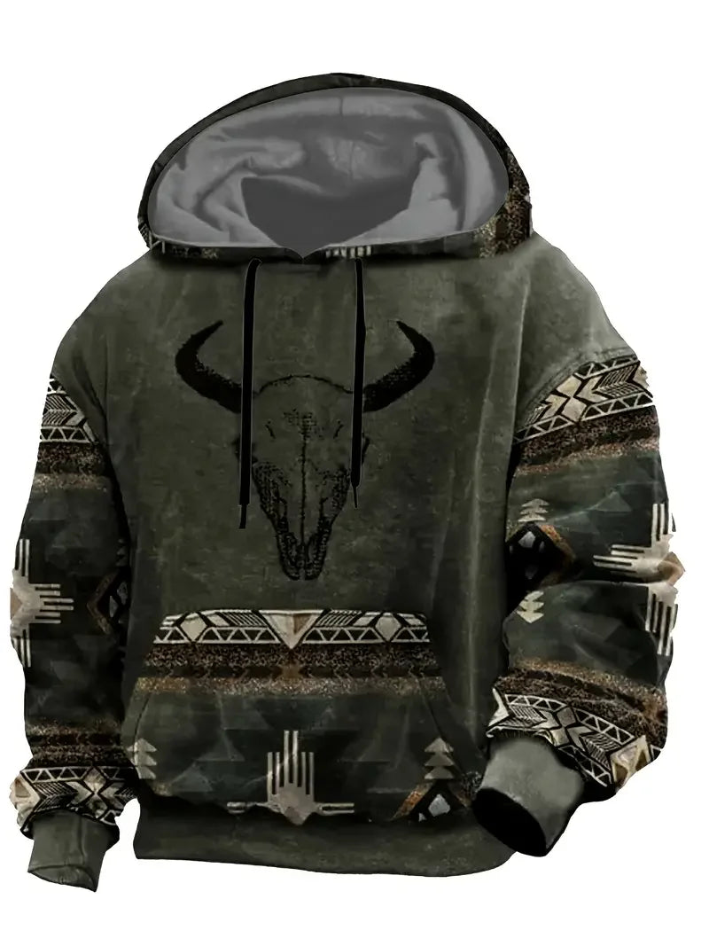 Sweat à Capuche Homme Motif Crâne de Taureau Tribal Vert Kaki