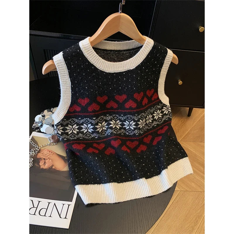 Gilet sans manches tricoté motif cœurs et flocons pour femme