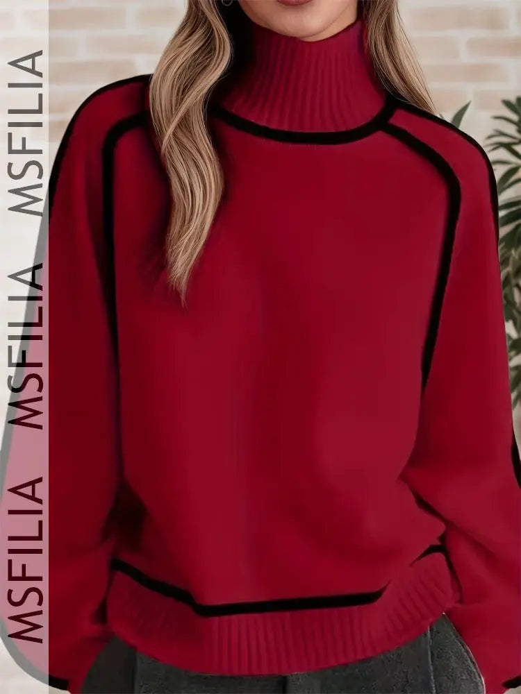 Pull Col Roulé Femme Beige avec Bordures Contrastées Noires, Manches Longues