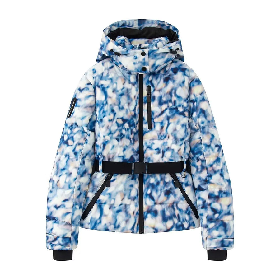 Women's quilted puffer jacket with a removable hood and gold elastic belt