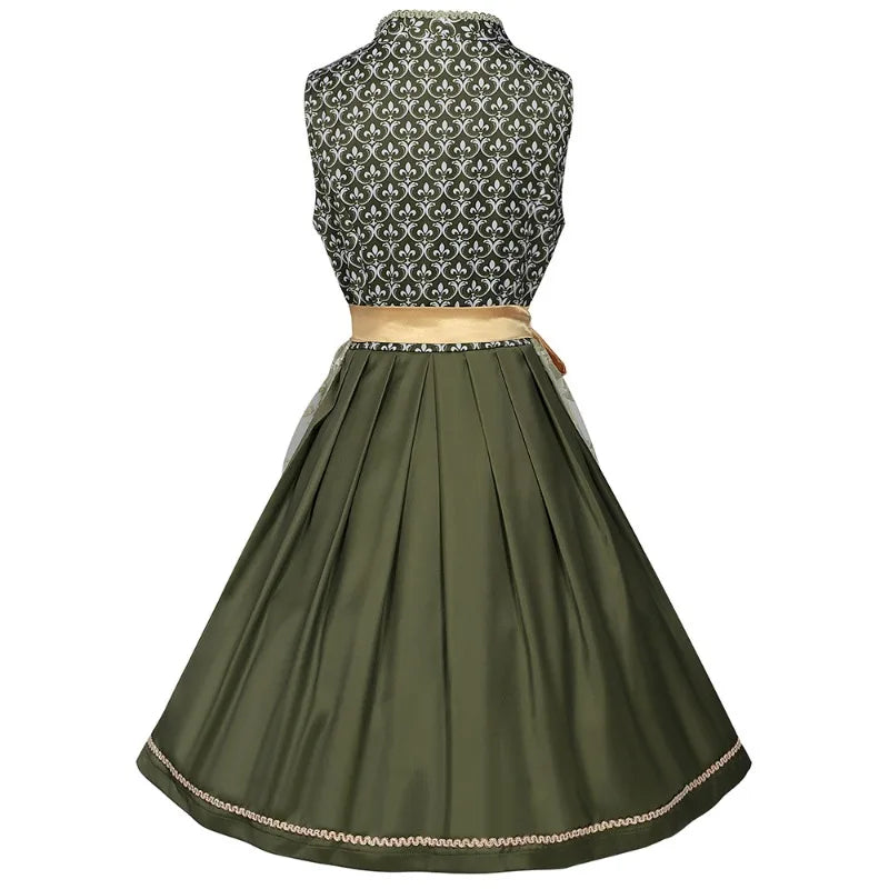 Traditionel dirndl-kjole til kvinder i olivengrøn med gylden sløjfe og blomsterbroderier
