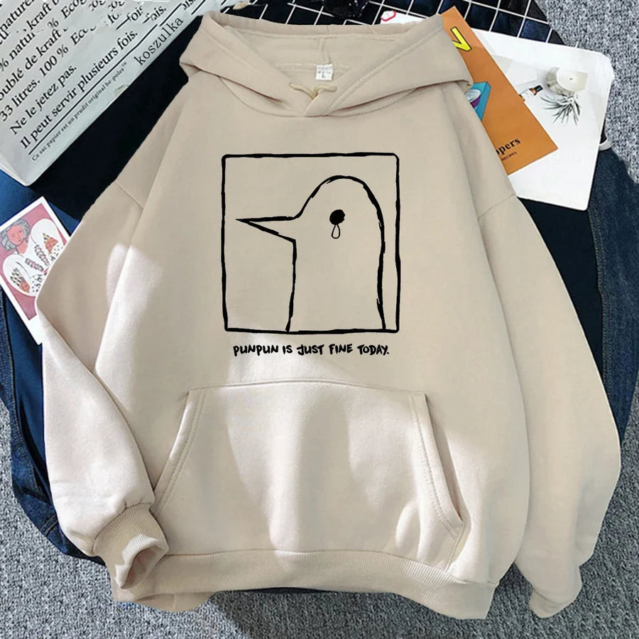 Oversize-Kapuzenpullover in Beige mit Motiv des traurigen Vogels „Punpun“