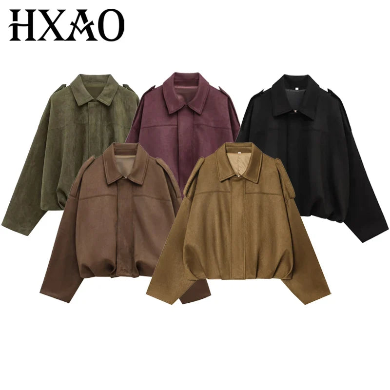 Veste courte bomber femme style décontracté coupe ample avec col classique et épaulettes plusieurs couleurs
