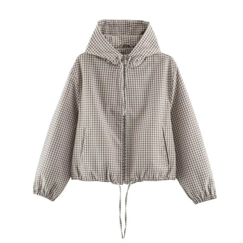 Kort beige och svart rutig jacka med huva för kvinnor